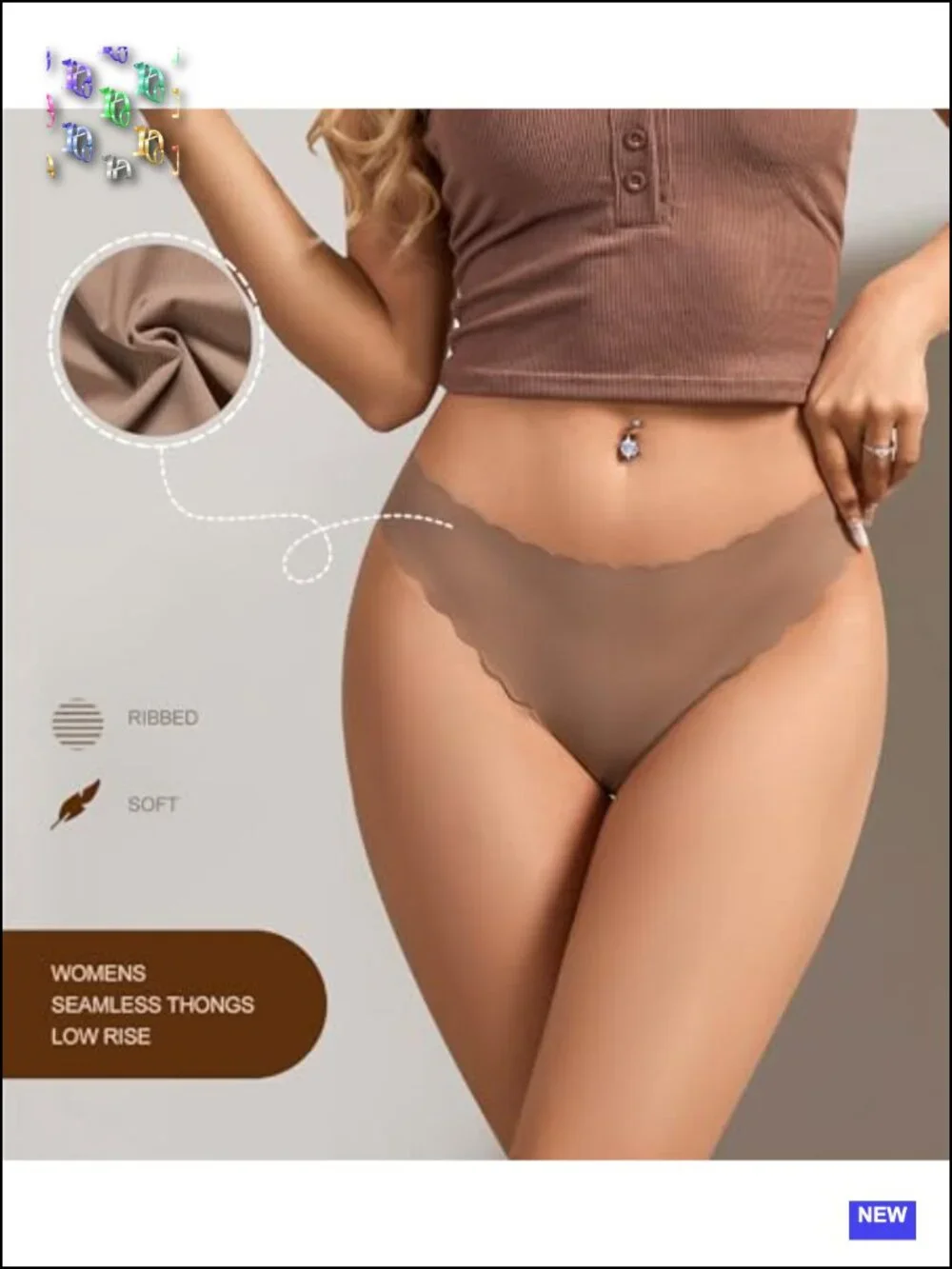 Seamless Thongs No Show Underwear Soft Ribbed Invisible Panties Wave Edge Multi